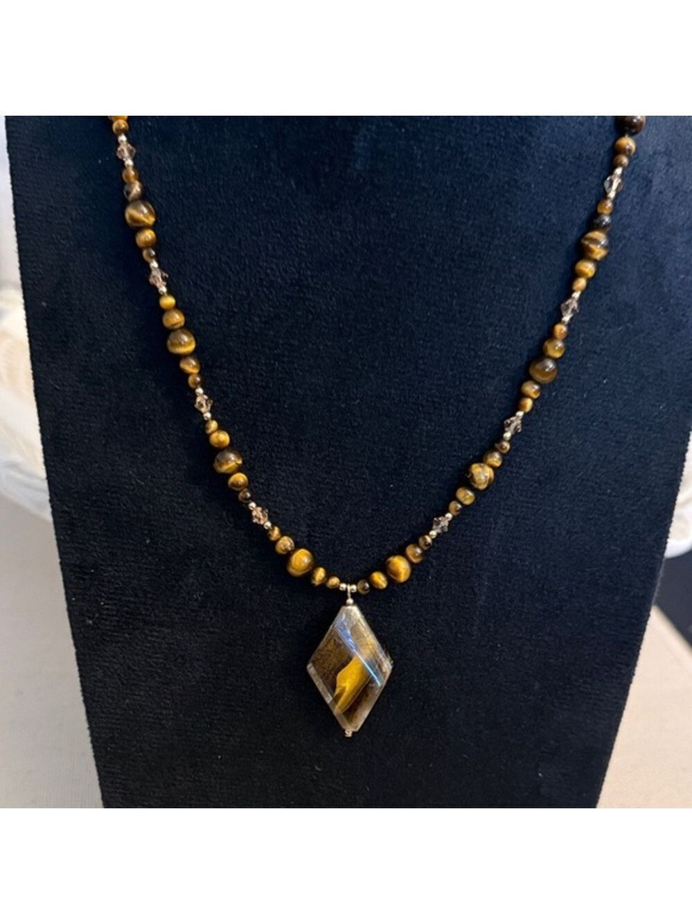 Chic Brown Beaded Necklace with Geometric Pendant | 18” | New